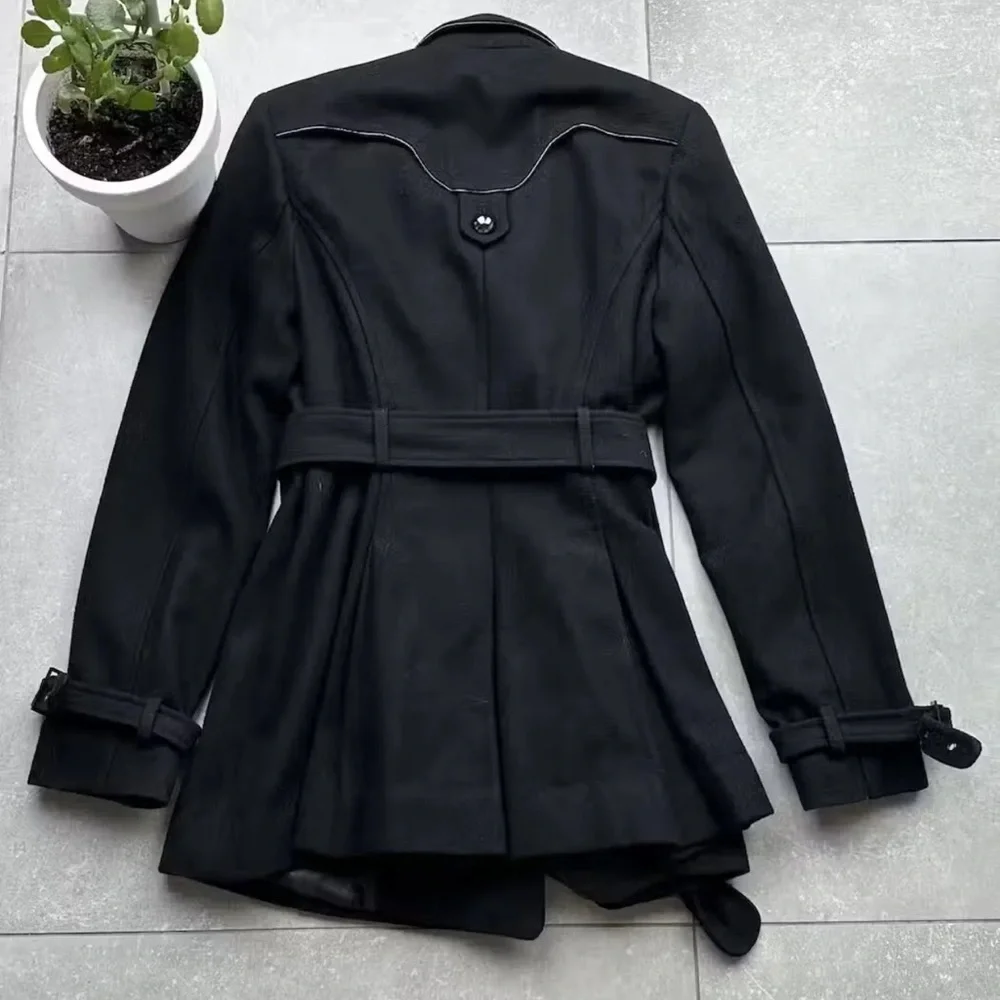 Miss Sixty Military Style Black jacket Pleated Flared Wool Pea Coat belt XS Cute - Picture 4 of 4